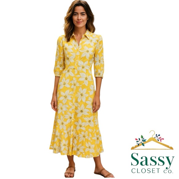 BANANA REPUBLIC Maxi Dress – Yellow Floral, Sheer Sleeves, Size 2 - Picture 1 of 5